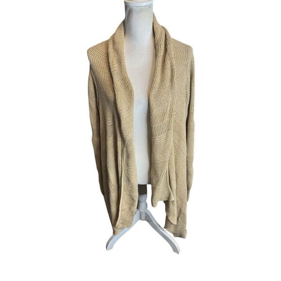 Lauren Ralph Lauren Metallic Gold Cardigan Sweater Linen Blnd Asymmetric Sz L XL - Picture 2 of 9